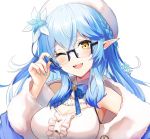  1girl adjusting_eyewear bespectacled blush breasts cleavage commentary_request fingernails glasses hat hololive looking_at_viewer one_eye_closed open_mouth pointy_ears portrait simple_background solo virtual_youtuber white_background yellow_eyes yukihana_lamy 