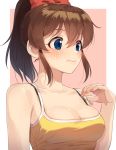  1girl :s bangs bare_arms bare_shoulders blue_eyes blush border bow bra_strap breasts brown_hair camisole cleavage closed_mouth collarbone commentary_request eyebrows_visible_through_hair hair_bow idolmaster idolmaster_million_live! kamille_(vcx68) long_hair looking_away looking_down medium_breasts nail_polish outside_border pink_background pink_nails ponytail red_bow satake_minako sidelocks simple_background solo upper_body white_border 