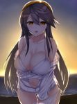  1girl :o arm_under_breasts backlighting bangs bare_shoulders bikini bikini_under_clothes black_hair blurry blurry_background breasts brown_eyes carmine_(ucdio) cleavage collarbone commentary_request cowboy_shot depth_of_field evening gradient_sky hair_between_eyes hair_ornament hairclip haruna_(kantai_collection) highres jacket kantai_collection large_breasts long_hair long_sleeves looking_at_viewer navel ocean open_clothes open_jacket open_mouth partially_unzipped sky solo sunlight sunset swimsuit thigh_gap very_long_hair white_bikini white_jacket 