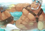  1boy abs aegir_(tokyo_houkago_summoners) bara beard belt blue_eyes bulge chest dark_skin dark_skinned_male facial_hair licking_lips looking_at_viewer male_focus manly muscle nipples pectorals shirtless short_hair smile solo suv thick_thighs thighs tokyo_houkago_summoners tongue tongue_out water wet white_hair 