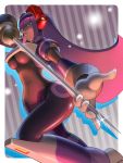  1girl android bangs blunt_bangs breasts capcom commentary_request dark_skin from_below green_eyes hair_over_eyes headgear headset hime_cut holding holding_weapon large_breasts layer_(rockman) long_hair mole mole_under_eye napo purple_hair rapier robot_ears rockman rockman_x smile solo striped striped_background sword underboob weapon 