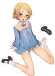  1girl bare_legs blonde_hair blue_eyes blush bow bowtie braid branch_(blackrabbits) collar darjeeling_(girls_und_panzer) frills full_body girls_und_panzer long_sleeves looking_at_viewer mary_janes open_mouth see-through shoe_removed shoes short_hair simple_background sitting sleeves_past_wrists socks solo tied_hair wariza white_background white_legwear 