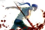  1boy alternate_costume blood blue_hair casual cu_chulainn_(fate)_(all) cu_chulainn_(fate/grand_order) earrings fate/grand_order fate/stay_night fate_(series) fighting_stance gae_bolg highres jewelry kim_yura_(goddess_mechanic) lancer male_focus muscle polearm ponytail red_eyes solo spear weapon 