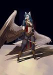  2019 anthro arisu_kagawa black_nose blue_hair botak bottomwear breasts canid canine canis clothing feathered_wings feathers female footwear gloves hair hand_on_hip handwear hi_res high_heels holding_object holding_staff mammal pants shoes simple_background snout solo staff standing white_body wings wolf 