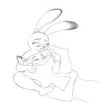  2020 absurd_res anthro canid canine cheek_tuft chest_tuft dipstick_ears disney duo eye_contact facial_tuft fox fur head_on_lap hi_res judy_hopps lagomorph leporid looking_at_another lying mammal monochrome multicolored_ears nick_wilde nude on_back on_lap rabbit red_fox simple_background sitting smile spoof_(artist) tuft white_background zootopia 