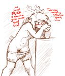  2020 absurd_res anthro antlers blush breasts capreoline cervid clothing comic dialogue dildo dildo_penetration english_text female fur genitals hair hi_res horn mammal masturbation monochrome mostly_nude navel nipples penetration profanity pussy red_nose reindeer rue_(the-minuscule-task) sex_toy sex_toy_penetration simple_background small_breasts solo spot_color standing text the-minuscule-task underwear underwear_down vaginal vaginal_masturbation vaginal_penetration 