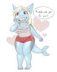  anthro bottomwear breasts clothing discovery_channel english_text female fish hi_res hindpaw marine meme paws shark shark_week shorts silly text thick_thighs 