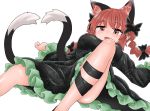  1girl animal_ears bangs black_bow black_dress black_footwear black_legwear black_tail bow braid breasts cat_ears cat_tail chups dress extra_ears eyebrows_visible_through_hair frilled_dress frilled_sleeves frills green_frills hair_bow highres kaenbyou_rin large_breasts leg_up long_sleeves looking_at_viewer lying multiple_tails nekomata on_back open_mouth red_eyes red_hair red_neckwear short_hair simple_background smile solo tail touhou twin_braids two_tails white_background 