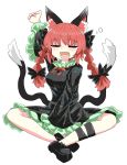 1girl animal_ears arm_up bangs black_bow black_dress black_footwear black_legwear black_tail bow braid breasts cat_ears cat_tail chups clenched_hand closed_eyes dress extra_ears eyebrows_visible_through_hair fang frilled_dress frilled_sleeves frills full_body green_frills hair_bow highres kaenbyou_rin long_sleeves multiple_tails nekomata open_mouth red_hair red_nails red_neckwear short_hair simple_background sitting solo tail touhou twin_braids two_tails white_background yawning 