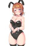  1girl absurdres animal_ears bare_shoulders black_legwear black_leotard blush breasts brown_hair bunny_ears bunnysuit cleavage collarbone eyebrows_visible_through_hair highres koizumi_hanayo large_breasts leotard looking_at_viewer love_live! love_live!_school_idol_project open_mouth purple_eyes shinonon_(iso_shino) short_hair sidelocks simple_background solo thighhighs white_background wrist_cuffs 