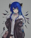  1girl arknights black_horns black_jacket black_shorts blue_eyes blue_hair eyebrows_visible_through_hair fur-trimmed_jacket fur_trim grey_background halo horns jacket jewelry long_hair looking_to_the_side mostima_(arknights) necklace open_clothes open_jacket parted_lips shirt shorts simple_background solo tail white_shirt yoruhachi 