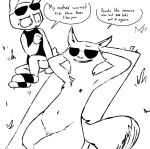  2020 anthro barely_visible_genitalia barely_visible_pussy black_and_white canid canine chest_tuft clothed clothing crossgender crotch_tuft dialogue disney duo english_text eyewear fox fully_clothed genitals grin hands_behind_head high-angle_view judy_hopps lagomorph leporid lying mammal monochrome mtf_crossgender nick_wilde on_back pussy rabbit red_fox smile speech_bubble sunglasses text the_weaver tuft zootopia 