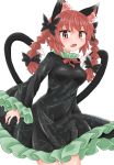 1girl animal_ears bangs black_bow black_dress black_tail bow braid breasts cat_ears cat_tail chups dress extra_ears eyebrows_visible_through_hair fang frilled_dress frilled_sleeves frills green_frills hair_bow highres kaenbyou_rin long_sleeves looking_at_viewer multiple_tails nekomata open_mouth red_eyes red_hair red_nails red_neckwear short_hair simple_background solo tail touhou twin_braids two_tails white_background 