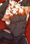  1boy abs absurdres animal_ears arknights bangs bara blush bulge chest dog_ears erection erection_under_clothes furry highres horns hung_(arknights) istani male_focus multicolored_hair muscle nipples orange_hair pectorals shirtless single_horn solo streaked_hair white_hair yellow_eyes 