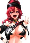  1girl absurdres bare_shoulders bikini black_bikini black_collar black_headwear black_shirt breasts clothes_writing collar fangs hecatia_lapislazuli highres large_breasts lifted_by_self long_hair looking_at_viewer nail_polish open_mouth polos_crown red_eyes red_hair red_nails rihito_(usazukin) shirt shirt_lift short_sleeves simple_background smile solo swimsuit touhou upper_body v white_background wristband 