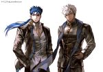  2boys alternate_costume alternate_hairstyle archer blue_hair brown_eyes chest couple cu_chulainn_(fate)_(all) cu_chulainn_(fate/grand_order) dark_skin dark_skinned_male earrings fate/grand_order fate/stay_night fate_(series) gakuran jewelry kim_yura_(goddess_mechanic) lancer male_focus multiple_boys muscle pectorals ponytail red_eyes scarf school_uniform white_hair 