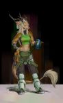  &lt;3 &lt;3_eyes 2019 anthro antlers beverage black_nails blue_eyes botak breasts brown_body brown_fur cervid clothing colored_nails ear_piercing facial_piercing female fur gloves hair hand_on_hip handwear hi_res holding_beverage holding_object horn hybrid inner_ear_fluff mammal nails navel nose_piercing nose_ring open_mouth piercing scales scalie science_fiction smile solo standing tuft 