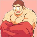  1boy bara beard blush brown_hair chest facial_hair gunzo_(tokyo_houkago_summoners) highres male_focus muscle pectorals saru_hiko scar shirtless short_hair solo sweat thick_eyebrows tokyo_houkago_summoners undressing upper_body 