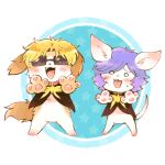  1:1 ambiguous_gender anthro blonde_hair blush bodily_fluids brown_ears brown_tail canid canine canis cape char_aznable chibi chihuahua clothed clothing collar domestic_dog duo duo_focus eyewear fangs fingers garma_zabi_(character) group hair happy kemono light_fur mammal mobile_suit_gundam pawpads paws presenting_paws purple_hair raised_tail shiikura simple_background star sunglasses sweat tongue tongue_out toy_dog uniform 