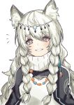  1girl animal_ear_fluff animal_ears arknights bead_necklace beads blush braid circlet commentary_request dress hair_between_eyes high_collar jewelry leopard_ears leopard_girl leopard_tail long_hair looking_at_viewer necklace pramanix_(arknights) silver_eyes silver_hair simple_background smile solo tail twin_braids upper_body white_background white_dress yoruhachi 