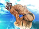  1boy algernon_(tokyo_houkago_summoners) alternate_costume ass ass_focus bara bulge day helmet highres jockstrap male_focus muscle nura outdoors red_eyes revealing_clothes shirtless solo thick_thighs thighs tokyo_houkago_summoners toned toned_male underwear water wet yellow_sclera 