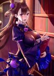  1girl akatsuki_(kuon) book bookshelf breasts brown_hair curly_hair dress fate/grand_order fate_(series) highres holding holding_book juliet_sleeves large_breasts library long_hair long_sleeves murasaki_shikibu_(fate) puffy_sleeves purple_eyes wide_sleeves 