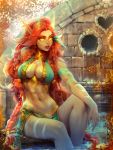  abs breasts cleavage clothed clothing elf facial_piercing female glowing glowing_eyes hair hi_res humanoid humanoid_pointy_ears lerapi long_hair looking_at_viewer mammal nose_piercing nose_ring not_furry orange_eyes orange_hair partially_submerged piercing solo 