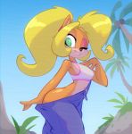  activision anthro bandicoot big_butt bigdad bite biting_lip blonde_hair butt clothed clothing coco_bandicoot crash_bandicoot_(series) evergreen_tree female hair looking_at_viewer mammal marsupial one_eye_closed outside overalls palm_tree ponytail pulling_pants_down solo tree video_games wink 