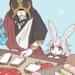  1boy 1girl animal_ears awestruck basket blue_background blush bunny_ears child crystal crystal_exarch final_fantasy final_fantasy_xiv fingernails food grey_eyes grey_hair holding holding_knife hood hood_up knife lili_mdoki miqo&#039;te open_mouth red_hair sandwich shaded_face signature simple_background smile sparkle table teeth tomato tongue viera 