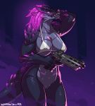  2020 4_fingers anthro black_body black_scales bottomless clothed clothing digital_media_(artwork) female fingers genitals gun hand_behind_head hi_res holding_gun holding_object holding_weapon lizard open_mouth portrait pussy ranged_weapon reptile scales scalie smile solo standing teeth three-quarter_portrait weapon zummeng 