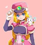  1girl android bangs blonde_hair blue_eyes breasts capcom cat gloves hat long_hair prairie puffy_sleeves rockman rockman_zx sakuraba_(kirsche_x) shako_cap simple_background smile solo 