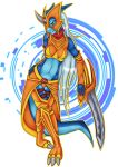  2013 5_fingers alpha_channel anthro blue_body breasts claws clothing digimon dragon fan_character femacedramon female fingers hair hands_on_hips hi_res inctastic long_hair looking_at_viewer melee_weapon navel pikuna scalie seductive smile solo standing sword weapon white_hair 