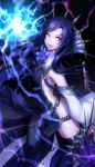  1girl armpit_crease black_background black_legwear broken broken_chain chain danhu detached_sleeves electricity highres holding holding_weapon long_hair lower_teeth mage open_mouth original purple_hair purple_neckwear smile solo standing teeth thighhighs tongue weapon yellow_eyes 