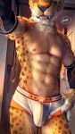  9:16 abs anthro black_nose briefs bulge cheetah cheetahpaws clothing english_text felid feline footprint fur hi_res male mammal muscular muscular_anthro muscular_male nipples pawprint pecs realistic solo spots star text tongue tongue_out underwear whiskers 