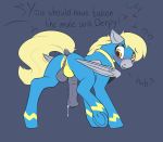  2019 absurd_res animal_genitalia animal_penis anus balls blonde_mane blonde_tail blue_background blush derpy_hooves_(mlp) dialogue dock equid equine equine_penis feathered_wings feathers feral flared_penis friendship_is_magic fur genitals grey_body grey_feathers grey_fur grey_wings hasbro hi_res looking_back male mammal mane medial_ring my_little_pony pegasus penis phenyanyanya simple_background solo text wings wonderbolts_uniform yellow_eyes 