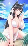  1girl :q animal_ears arm_support atago_(azur_lane) atago_(midsummer_march)_(azur_lane) azur_lane bangs beach bikini black_hair breasts brown_eyes camilitrox_cr cleavage cloud collarbone extra_ears eyebrows_visible_through_hair flower hair_flower hair_ornament highres kneeling large_breasts long_hair looking_at_viewer mole mole_under_eye mountain navel ok_sign palm_tree ribbon sky smile solo spread_legs sunlight swept_bangs swimsuit tongue tongue_out tree white_bikini 