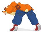  activision alpha_channel anthro balls bandicoot belt bent_over bulge clothed clothing crash_bandicoot crash_bandicoot_(series) english_text fur genitals gloves green_eyes hair handwear looking_at_viewer looking_back male mammal marsupial mooning muscular muscular_anthro muscular_male notkastar open_mouth pants_down partially_clothed rear_view simple_background smile solo text tongue tongue_out video_games 