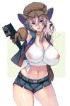  1girl bangs belt blonde_hair blue_eyes breasts choker cleavage covered_nipples cowboy_shot gloves gun hair_between_eyes hand_on_hip hat highres huge_breasts long_hair looking_at_viewer mac-11 masao midriff navel nipples open_mouth original outstretched_arm photoshop_(medium) revision see-through shirt short_shorts shorts simple_background solo submachine_gun tied_shirt two-tone_background weapon 