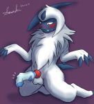  absol absurd_res clothing cock_sock feral foot_fetish footwear hi_res male nintendo penis_clothing pok&eacute;mon pok&eacute;mon_(species) purple_background red_cheeks simple_background socks solo sousaku_san video_games 