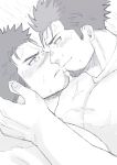  2boys blush chest close-up eye_contact facial_hair goatee greyscale harada_(basashi) imminent_kiss looking_at_another male_focus monochrome multiple_boys orange_eyes original partially_colored pectoral_docking pectorals shirtless short_hair spiked_hair sweat white_background yaoi yellow_eyes 