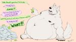  2020 anon_(koorivlf) anthro belly cake canid canine canis dialogue digital_media_(artwork) duo eating english_text fluffy food fur koorivlf magic male mammal morbidly_obese navel nipples nude obese on_ground open_mouth overweight overweight_male paws plates signature simple_background solo_focus text unseen_character weight_gain white_body white_fur wolf 