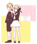  1boy 1girl asagao_minoru bangs beret black_shirt black_shorts blonde_hair blue_eyes cardcaptor_sakura collar commentary cosplay full_body hair_ornament hairclip hand_on_headwear hand_up hat holding_hands kagamine_len kagamine_rin kinomoto_sakura kinomoto_sakura_(cosplay) li_xiaolang li_xiaolang_(cosplay) looking_at_viewer miniskirt pleated_skirt sailor_collar school_uniform serafuku shirt short_hair shorts skirt spiked_hair swept_bangs vocaloid white_collar white_headwear white_skirt 