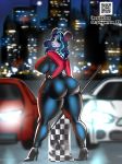  absurd_res anthro big_breasts breasts butt car clothed clothing curvy_figure female hair hi_res leather looking_at_viewer mammal mouse murid murine outside race_car racer rodent sketch solo thepinkfury tight_clothing town vehicle 