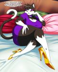  absurd_res alexandra_salome anthro bed big_breasts bottomwear breasts choker clothed clothing crescent_moon crovirus dialogue domestic_cat english_text eyeshadow felid feline felis female footwear fur furniture hi_res high_heels inviting jewelry looking_at_viewer lying makeup mammal moon multicolored_body multicolored_fur necklace on_side pillow purple_eyeshadow shoes skirt smile solo speech_bubble text two_tone_body two_tone_fur wide_hips yellow_sclera 
