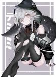  1girl absurdres arknights arm_support bangs bare_shoulders black_legwear braid character_name commentary crocodilian_tail eyebrows_visible_through_hair flower gloves grey_background grey_eyes grey_gloves hair_over_one_eye hand_up highres hood kaminarichyan knees_up large_tail long_hair long_sleeves looking_at_viewer no_shoes pointy_ears silver_hair single_braid sitting solo tail thighhighs thighs tomimi_(arknights) torn_clothes torn_legwear white_flower 