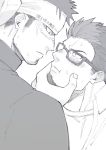 2boys blush close-up collar eye_contact facial_hair glasses goatee greyscale hand_on_another&#039;s_cheek hand_on_another&#039;s_face harada_(basashi) imminent_kiss looking_at_another monochrome multiple_boys orange_eyes original partially_colored shirt short_hair spiked_hair sweat white_background yaoi yellow_eyes 
