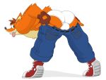  activision alpha_channel anthro balls balls_outline bandicoot belt bent_over briefs bulge clothed clothing crash_bandicoot crash_bandicoot_(series) english_text fur genital_outline genitals gloves green_eyes hair handwear looking_at_viewer looking_back male mammal marsupial mooning muscular muscular_anthro muscular_male notkastar open_mouth pants_down partially_clothed rear_view simple_background smile solo text tighty_whities tongue tongue_out underwear video_games white_clothing white_underwear 