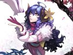  1girl absurdres ahoge animal blue_hair bow_(weapon) braid darros eyebrows_visible_through_hair fingernails flower fur_trim gloves hair_between_eyes highres holding holding_bow_(weapon) holding_weapon horn_flower horns kindred lamb_(league_of_legends) league_of_legends long_hair looking_at_another parted_lips petals purple_eyes purple_gloves sharp_teeth spirit_blossom_kindred teeth tree weapon wolf wolf_(league_of_legends) yellow_flower 