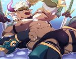  1boy abs animal_ears bara beard body_hair bulge chest chest_hair cow_boy cow_ears cow_horns dynamic_pose facial_hair flexing furry highres horns istani looking_at_viewer male_focus manly megaphone muscle nipples pectorals pose purple_eyes purple_horns shennong_(tokyo_afterschool_summoners) shirtless short_hair solo thick_thighs thighs tokyo_houkago_summoners upper_body white_hair 