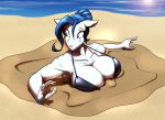  absurd_res anthro big_breasts bikini bikini_top blue_eyes blue_hair breasts cleavage clothed clothing equid equine fan_character female hair hasbro hi_res horse lense_flare mammal my_little_pony pony quicksand sea sinking solo stuck sun swimwear toughset water 
